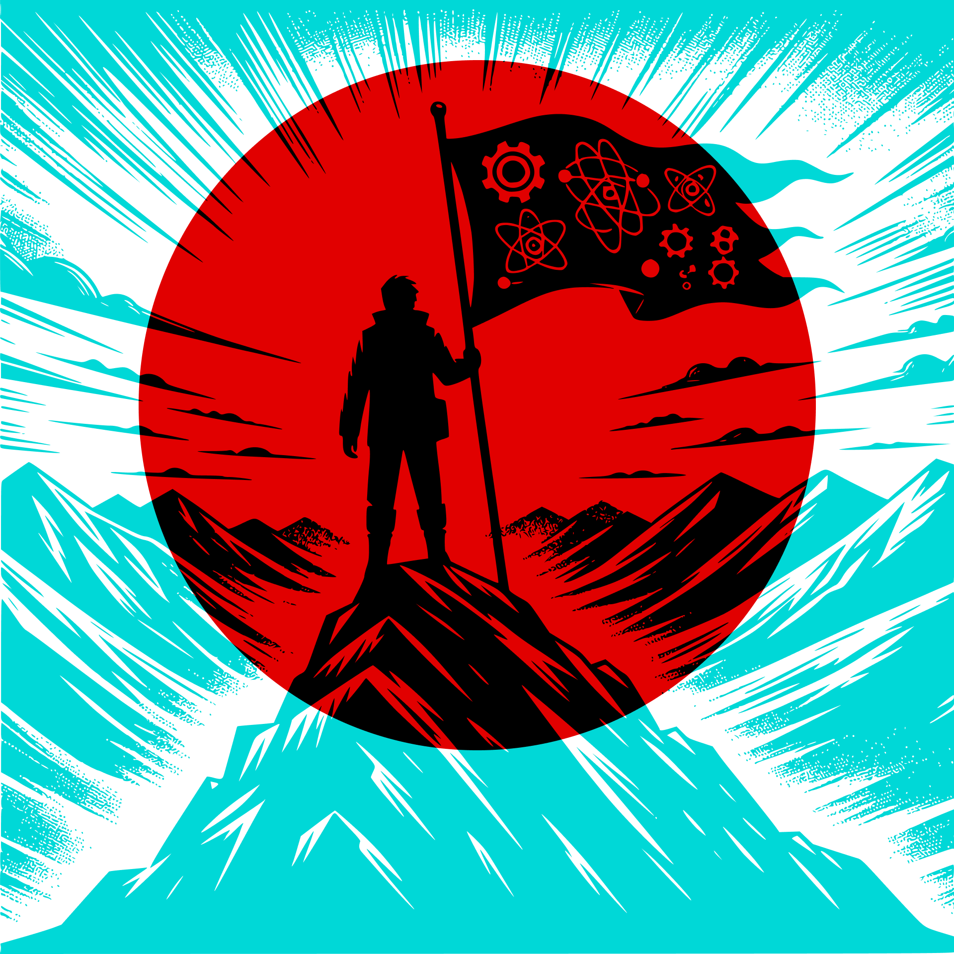 A man on a mountain with a flag look out towards a sunset